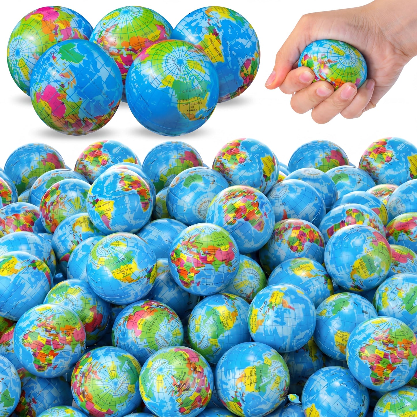 Poen 400 Pcs Globe Squeeze Balls, 2 Inch Mini World Earth Stress Balls Bulk Educational Relief Foam Squeeze Ball with Blue Drawstring Bag for Finger Exercise School Reward Party Gift