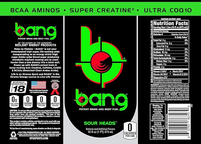Bang Energy Sour Heads, Sugar-Free Energy Drink, 16-Ounce (Pack of 12)
