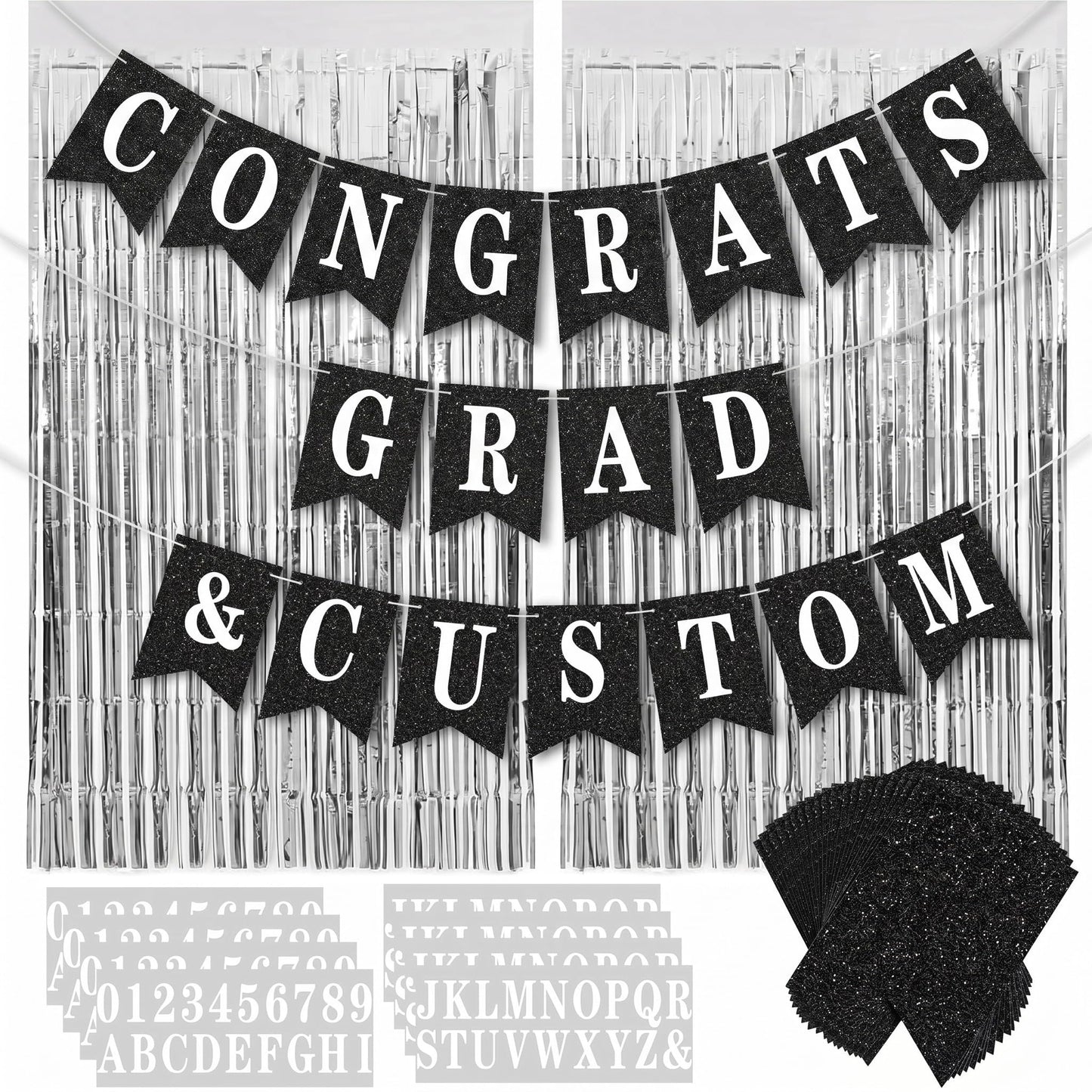 Mooliwe 173 Pcs DIY Custom Banner Kit with 2 Foil Curtain Make Your Own Customizable Letter Banner Sign Decor 20 Paper Pennant 148 Letters Number 1 Rope 2 Threading Device(Classic Style,Black)