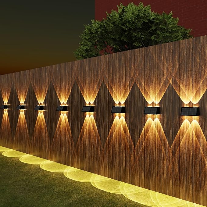 2-Pack Solar Fence Lights, Up & Down Lighting, 50LM/25LM Dual Brightness, 4 Color Modes, IP65 Waterproof, 1200mAh Battery, Screw/Adhesive Mount for Garden Wall Path Deck