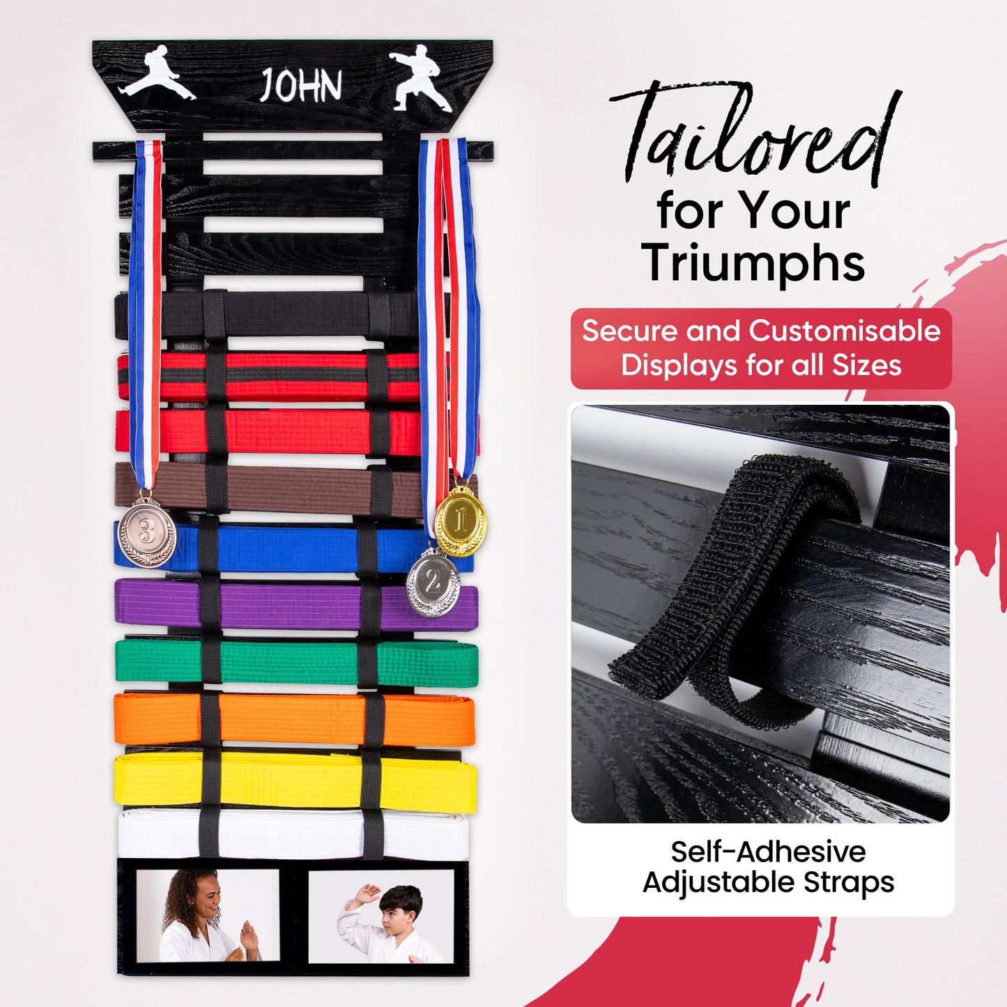 Optimus Depot Karate Belt Display Rack - Taekwondo Belt Display with Customization Stickers, 2 Picture Frames, Self-Adhesive Adjustable Strips & Hanging Kit Taekwondo Gifts - Black 12
