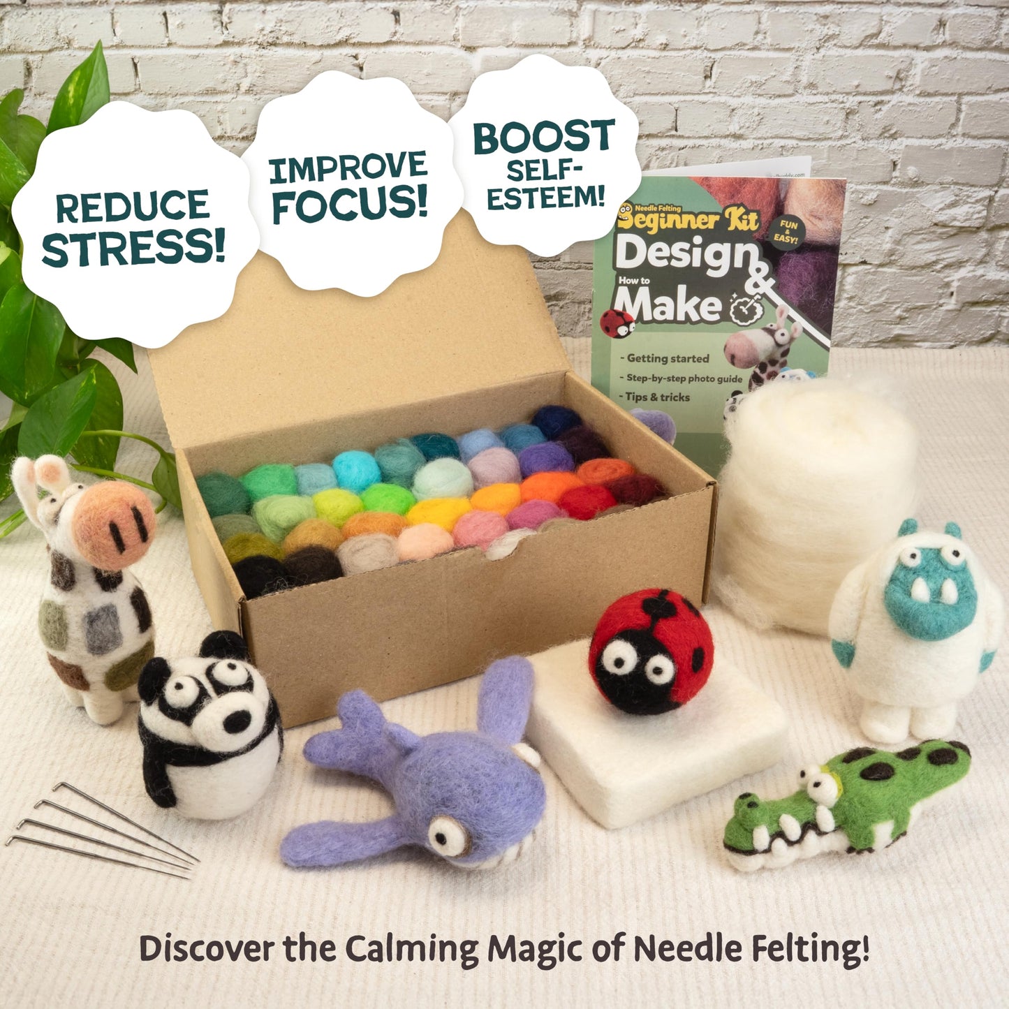 Woolbuddy Needle Felting Starter Kit –Make 6 Cute Characters(Yeti, Giraffe, Panda, Ladybug, Whale, Gator) – Complete Kit for Beginners & Adults with Wool Roving,Felting Needles,Pad & Instruction Guide