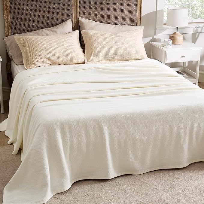 Bedsure 100% Cotton Blanket King Size for Bed - Breathable and Lightweight, Soft Cozy Textured Herringbone Woven Blanket for Summer Spring, Ivory, 108x90 inches