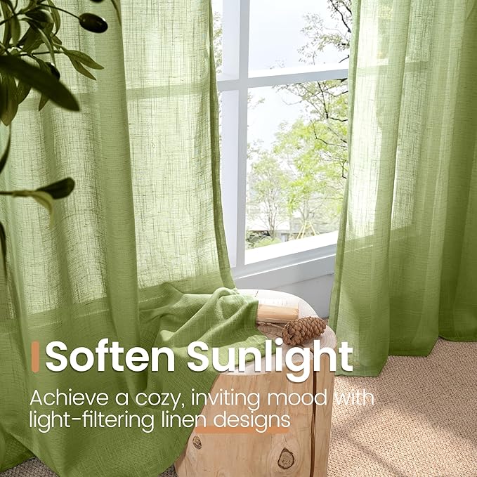 BGment Olive Green Linen Curtains for Living Room 84 Inch Length- Light Filtering Window Drapes Rod Pocket Natural Textured for Bedroom Lightweight Rustic Spring Decor, 2 Panels Set, 52 X 84 Inch