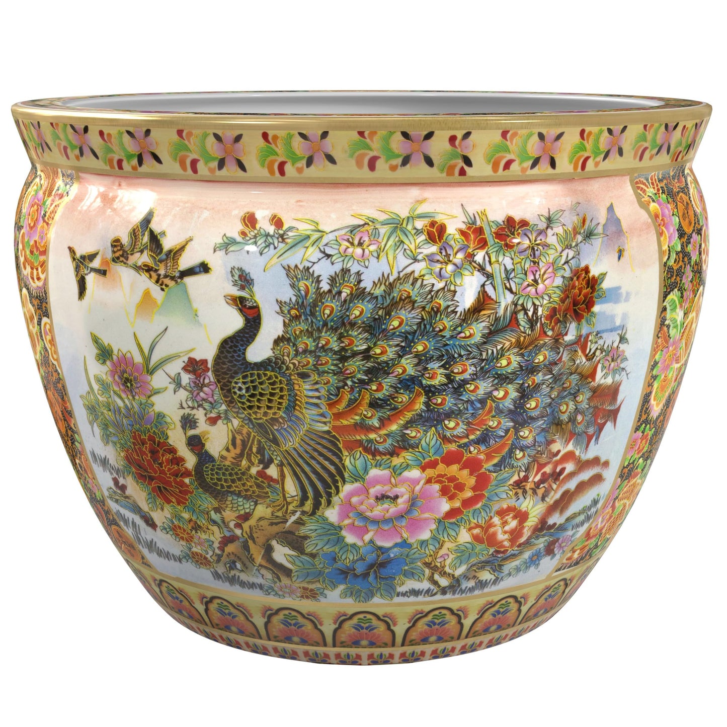 Red Lantern 14" Satsuma Garden & Peacock Porcelain Fishbowl Planter
