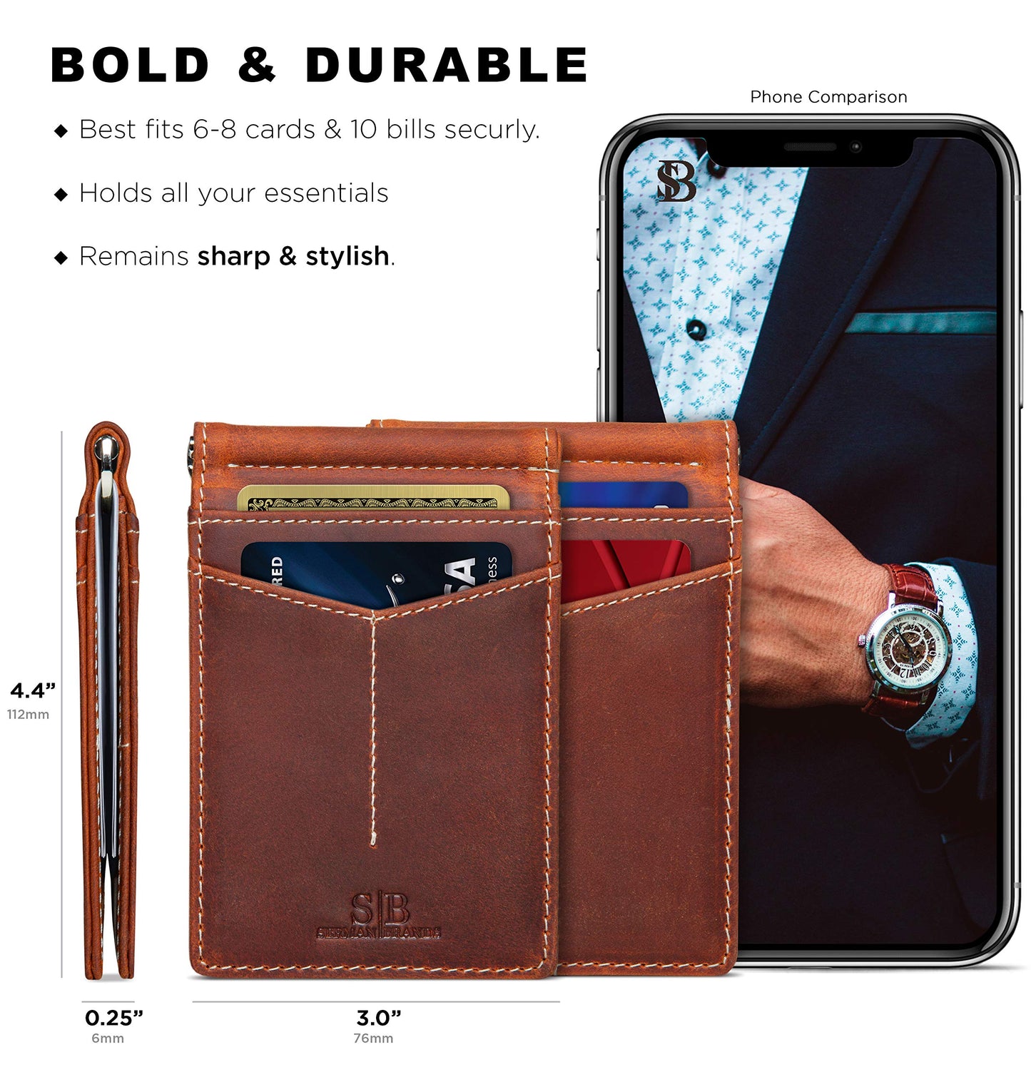 SERMAN BRANDS RFID Blocking Wallet Slim Bifold - Genuine Leather Minimalist Front Pocket Wallets for Men with Money Clip Gift (Canyon Red)