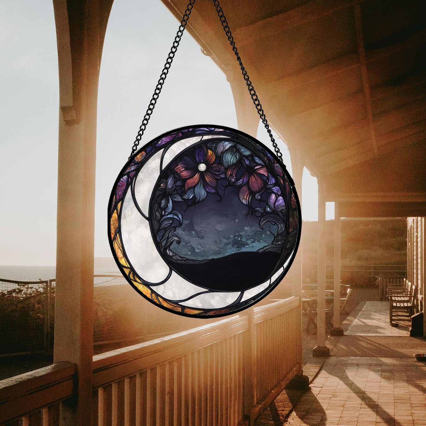 JOSUMALY Stained Glass Window Hanging - Black and White Moon Sun Catcher for Door Terrace Garden Home Decor, Abstract Plant Flower Suncatcher Birthday Gifts for Lovers Women Men Dad Mom Nana 15 in