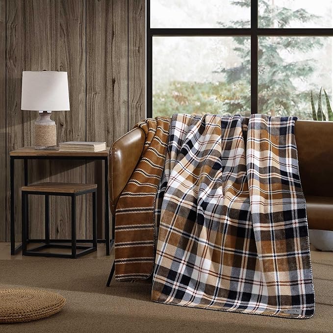 Eddie Bauer - Twin Blanket, Reversible Plush Bedding, Plaid Home Decor, Oeko-Tex Certified (Tralhead Plaid Beige, Twin)