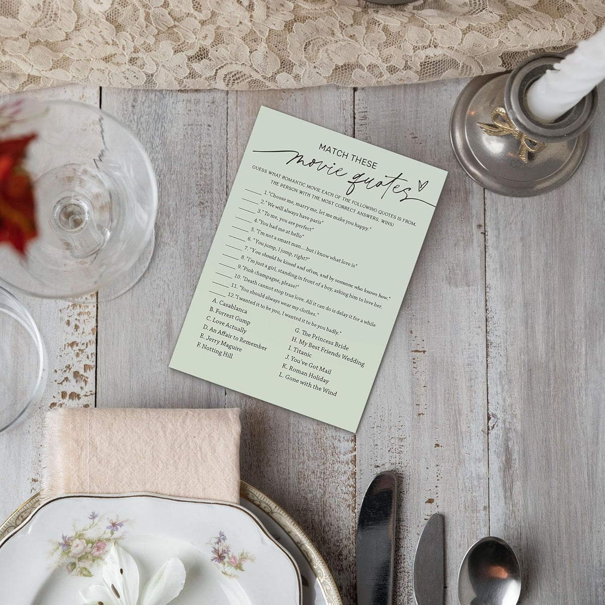 Bridal Shower Games, Match These Movie Quotes, 25Pcs Minimalist Sage Green Bridal Game Cards with 1 Answer Card, Wedding Shower Games for Guests, Engagement Bachelorette Party Supplies