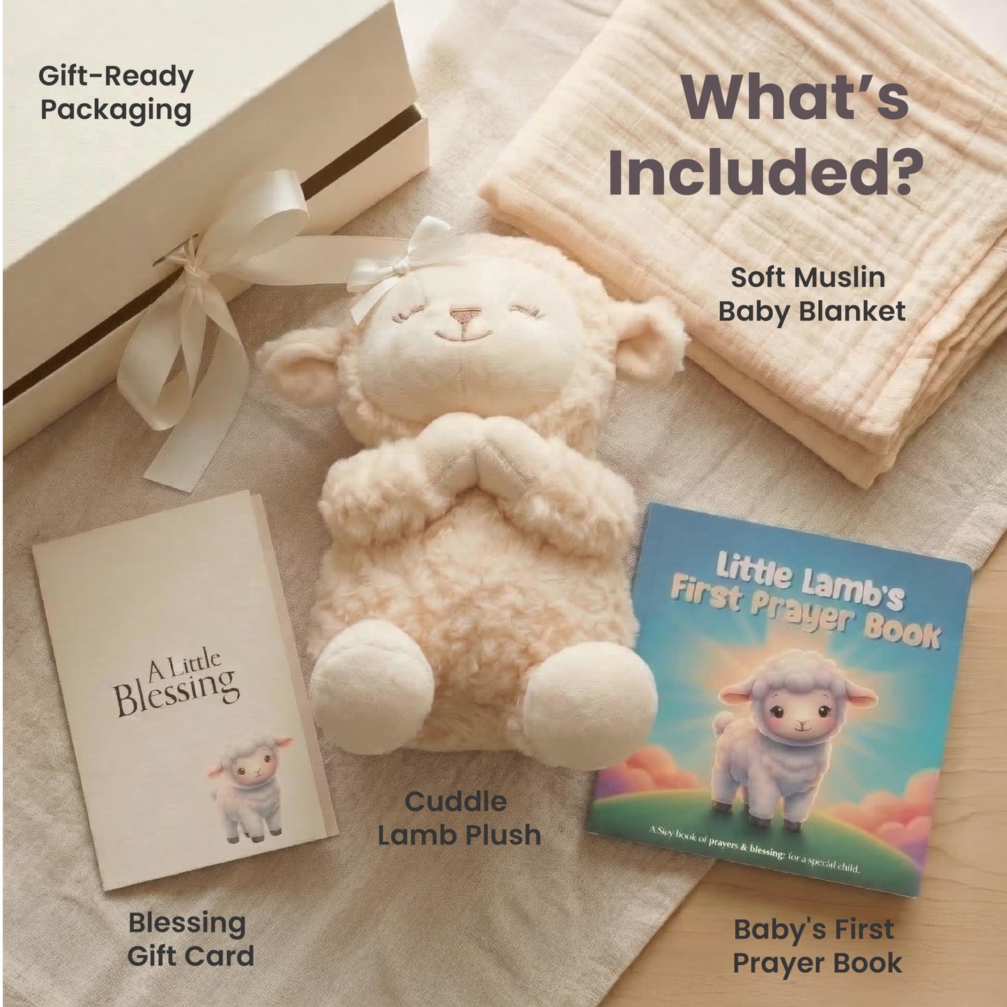 Highmark Collective Baptism Gift for Boy or Girl Baptism Set with 10" Praying Lamb Plush Toy, Bamboo Muslin Blanket & First Prayer Book, Ready to Gift Keepsake Box