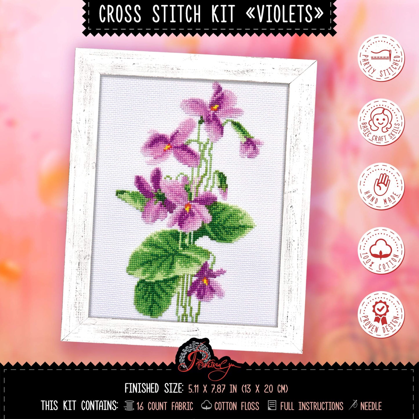 Povitrulya DIY Hand Embroidery Kit “Violets” with Lilac Flower Pattern for Wall Decor | Handmade Graduation, Anniversary, Retirement Gift