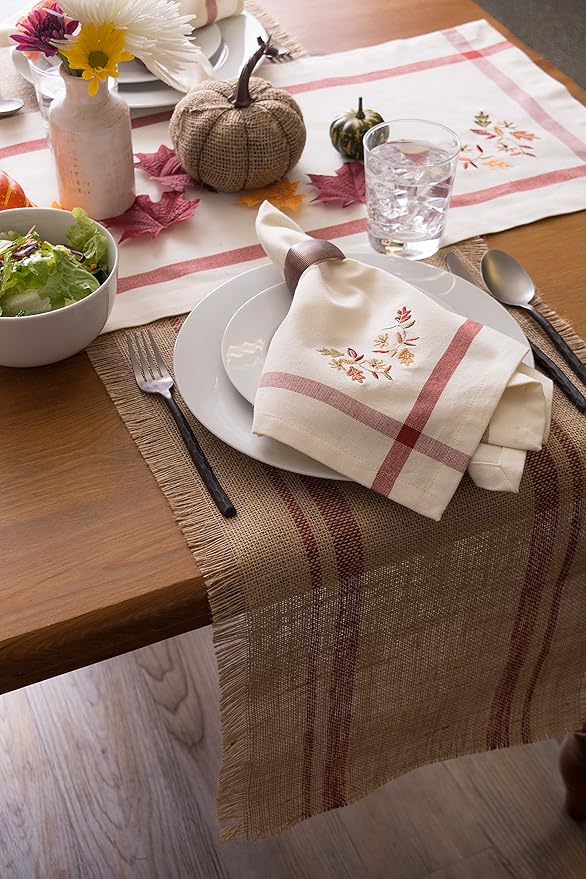 DII Jute Burlap Collection Kitchen Tabletop, Table Runner, 14x72, Double Border Barn Red