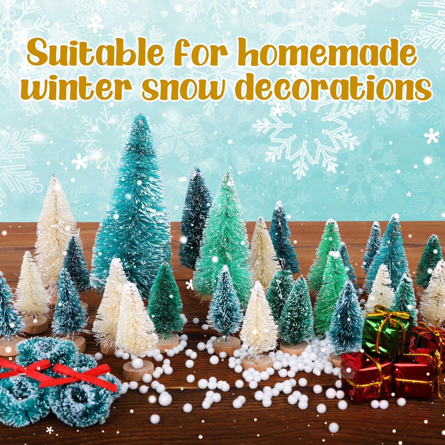 Iceyyyy 56 Pcs Artificial Mini Christmas Trees Set - Miniature Sisal Frosted Christmas Trees Bottle Brush Trees for DIY Crafts Home Table Top Decor