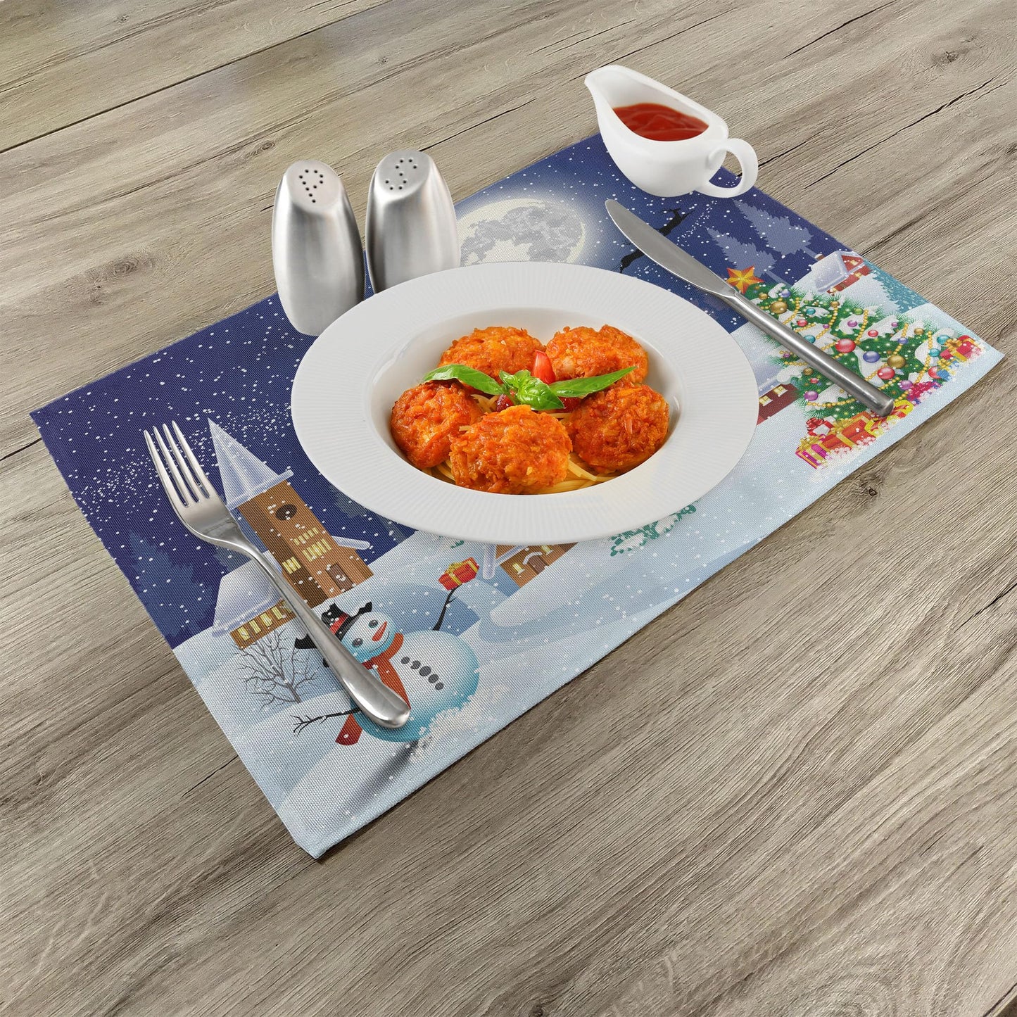 Ambesonne Christmas Place Mats Set of 8, Winter Season Snowman Xmas Tree Santa Sleigh Moon Present Boxes Snow and Stars, Washable Fabric Placemats for Dining Table, Placemat 8 pcs, White Blue
