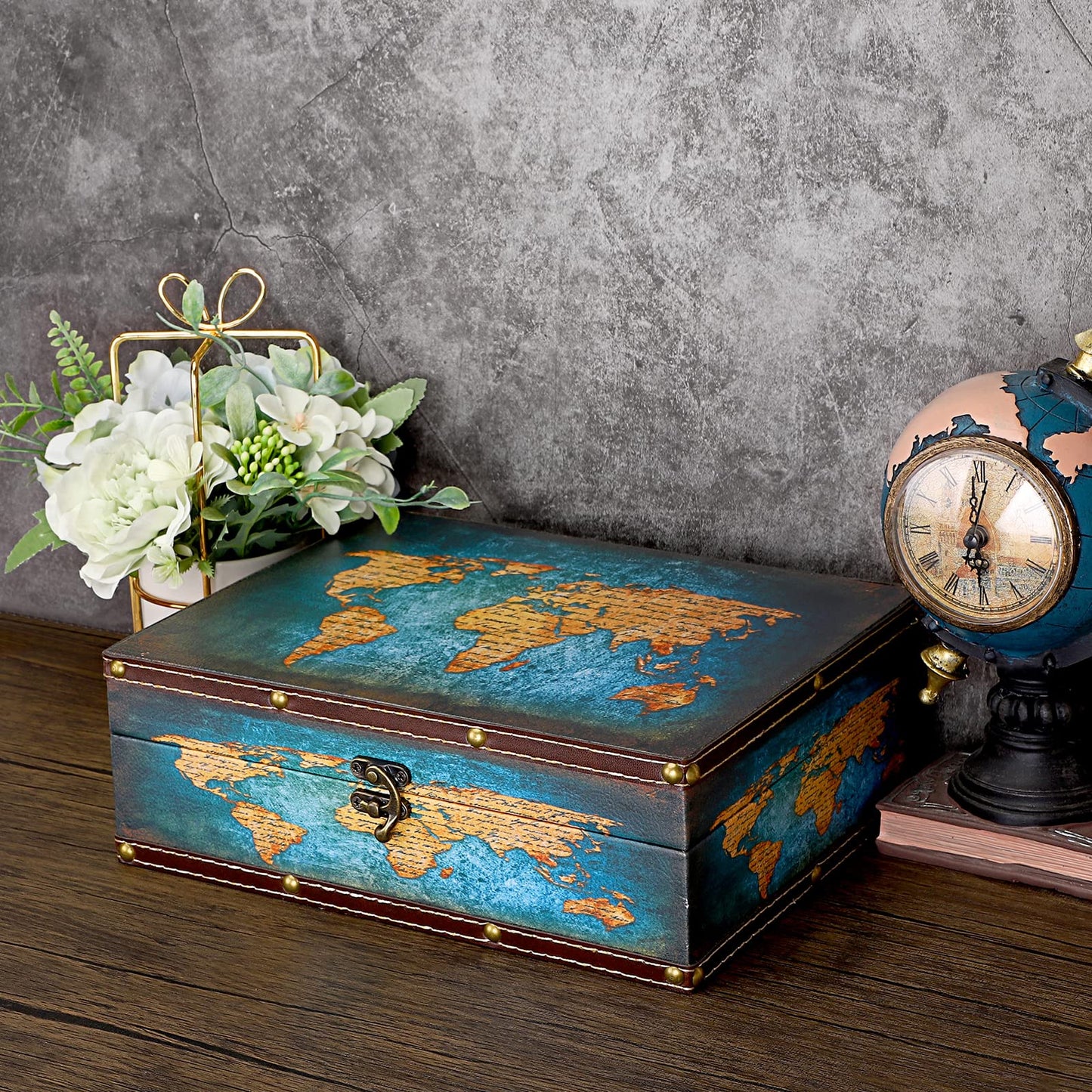 ELLDOO Decorative Treasure Chest Box, Wooden + PU Leather Storage Box for Jewelry Trinkets Photos, Rectangular Keepsakes box for Girls Women Gifts, Green Map Pattern
