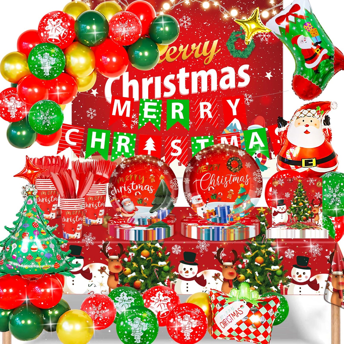 Christmas Party Decorations Xmas Party Supplies Serves for 25-Balloon, Banner, tablecloth, Backdrop, Disposable Paper Plate, Cup, Napkins, Knife, Fork, Spoon