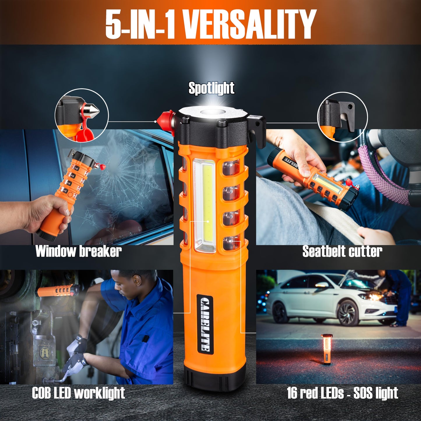 Emergency Car Flashlight with Seatbelt Cutter and Window Breaker, LED Work Light & Flash Beacon, Life-Saving Car Escape Tool for Roadside Safety (Orange)
