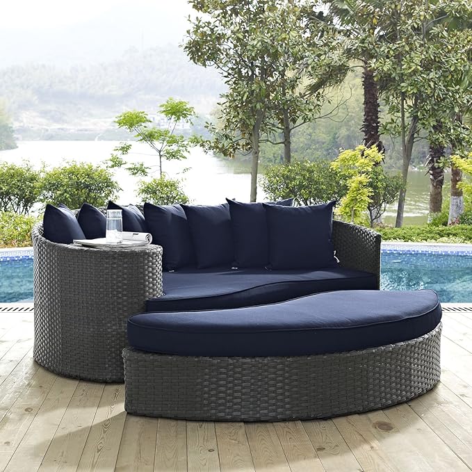 Modway Sojourn Wicker Rattan Outdoor Patio Sunbrella Fabric Daybed in Canvas Navy