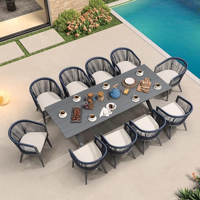 PURPLE LEAF Patio Dining Set for 10 All-Weather Wicker 11 Piece Aluminium Outdoor Table and Chairs Set Included Cushions for Backyard Indoor Decor Kitchen Modern Outdoor Furniture Set Grey and Navy