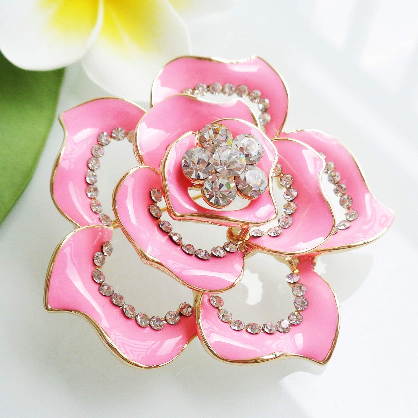 Navachi 18k Gold Plated Crystal Pink Enamel Rose Flower Az7197b Brooch pins