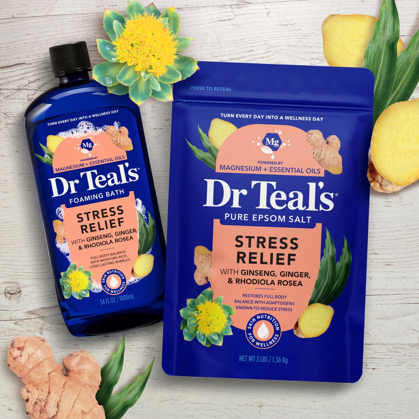 Dr Teal's Epsom Salt Magnesium Soak, Salt Stress Relief with Ginseng & Ginger Essential Oils, 3 lbs (Pack of 4)