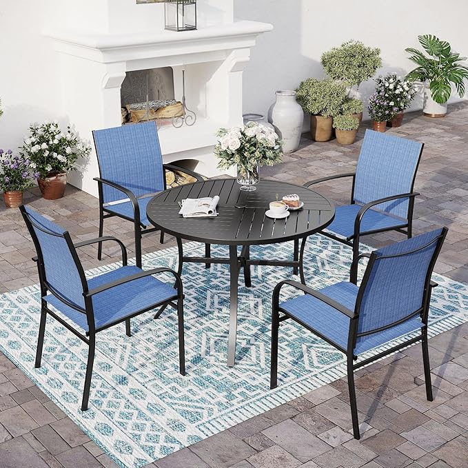 5 Piece Patio Dining Set for 4, 42" x 42" Round Metal Table with Umbrella Hole and 4 Blue Chairs, Outdoor Table and Chairs Set for Lawn Backyard and Deck