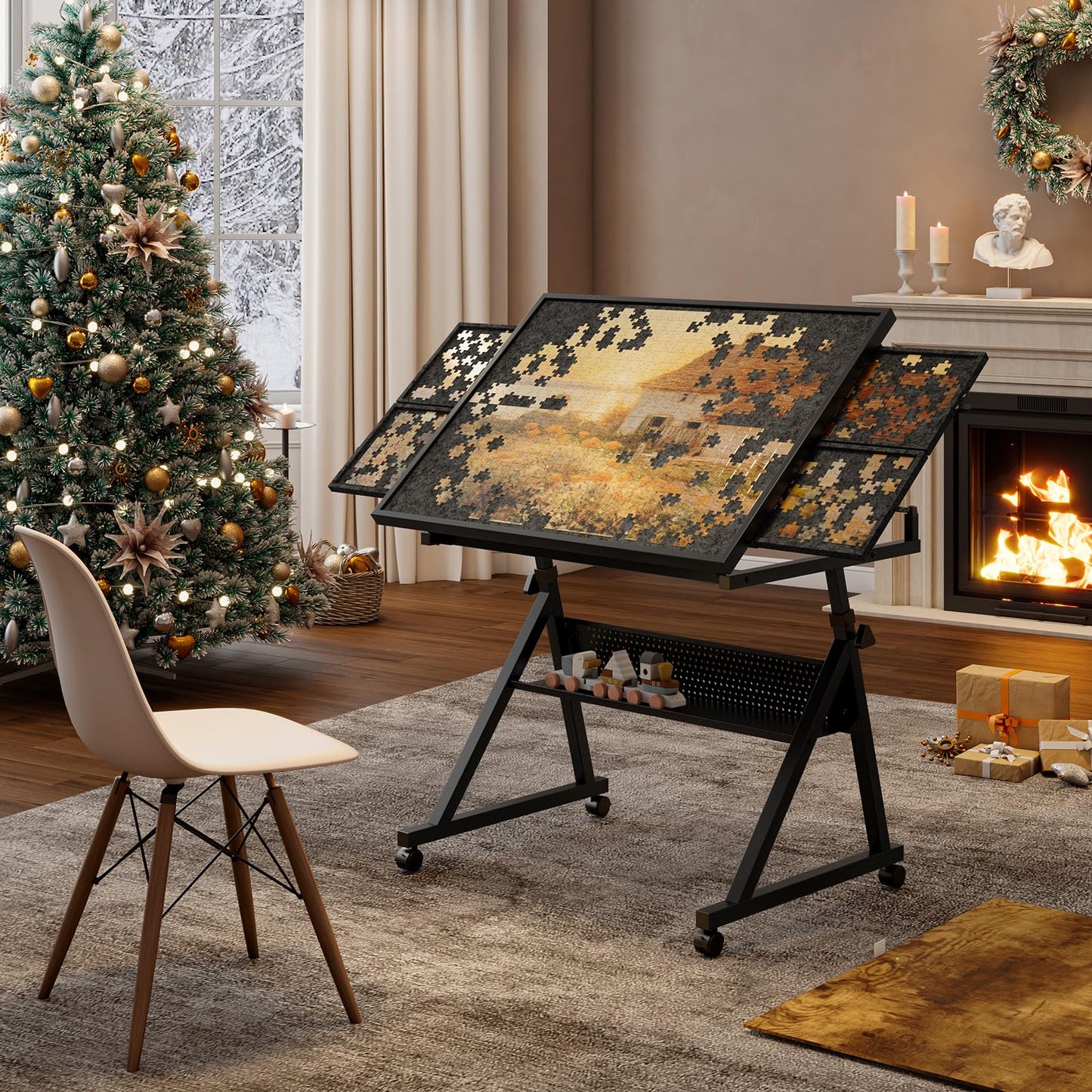 Adjustable Height & Angle Puzzle Table with Wheels, Jigsaw Puzzle Board for Adults, Metal Puzzle Desk with 4 Felt Trays, Wooden Protective Cover and Storage Shelf, Portable Puzzle Table,Brown & Black