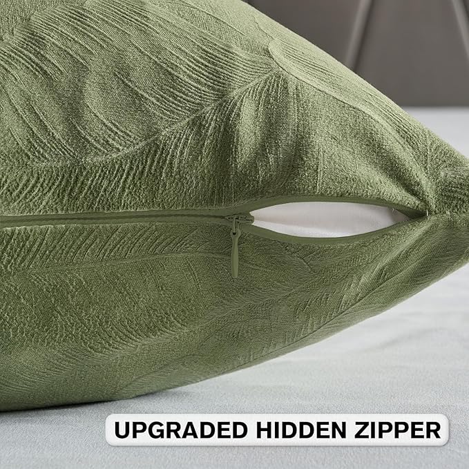 FUTEI Sage Green Velvet Throw Pillow Covers 12x20 Inch Set of 2,Soft Embossed Leaf-Relief Textured Lumbar Pillow Cases,Natural Home Decor for Couch Living Room