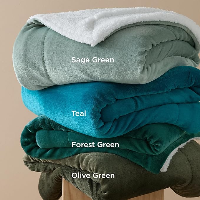 Bedsure GentleSoft Sherpa Fleece Blankets Queen Size for Bed - Thick and Warm, Soft Fuzzy Plush Queen Blanket for Winter, Olive Green, 90x90 Inches