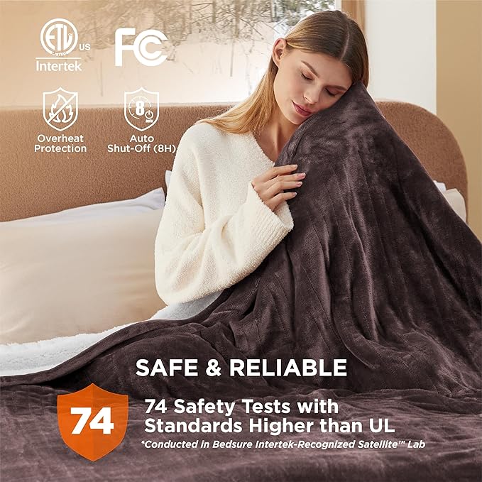 Bedsure Electric Blanket Queen Size - Dual Control Heated Blanket Queen, Fast Heating with 10 Time Settings & 10 Heat Settings, Warm Gift for Grandma (84x90 inches, Brown)