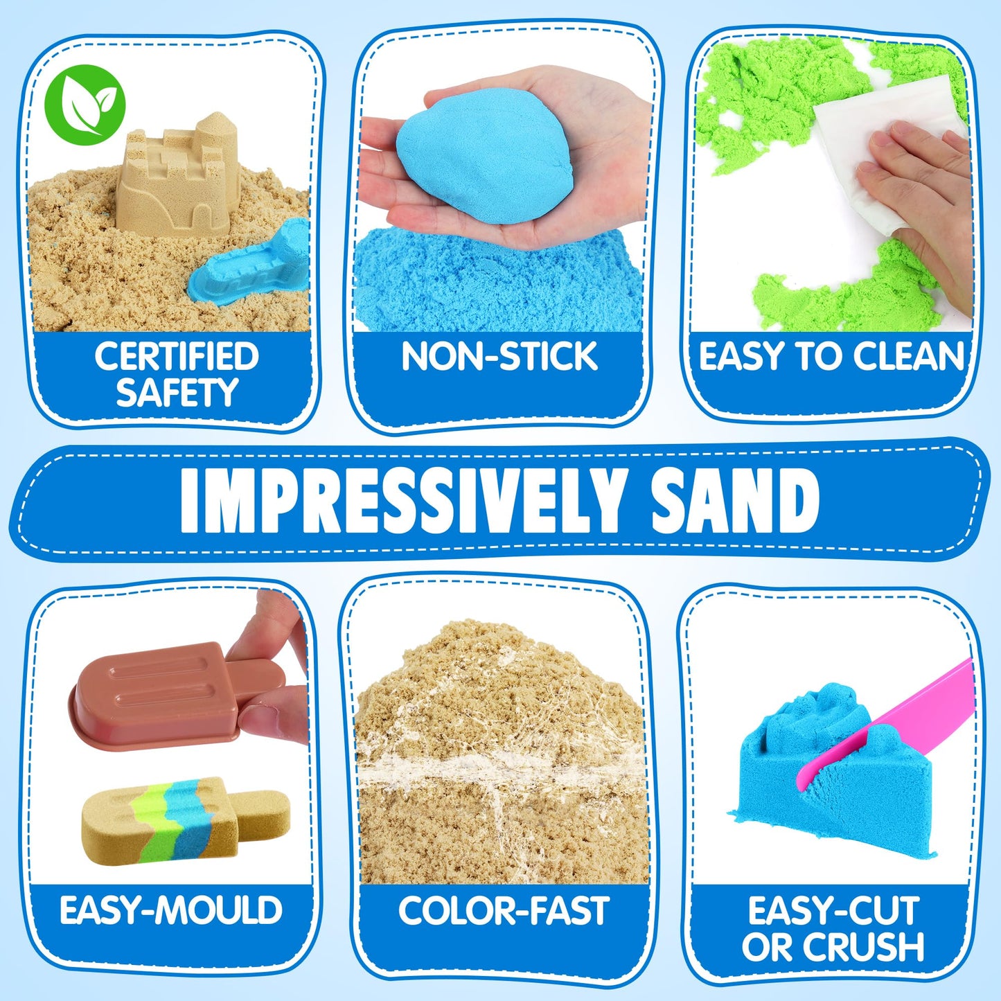 Billeeit 4.4 lbs Play Sand w/Storage Sandbox, 4-Pack(2 Yellow, 1 Blue, 1 Green) Sensory Bin Refill Sand for Shaping, Molding, Pressing, Scooping, Rolling, Self-Sticking Sand Sensory Toy for Kids 3+
