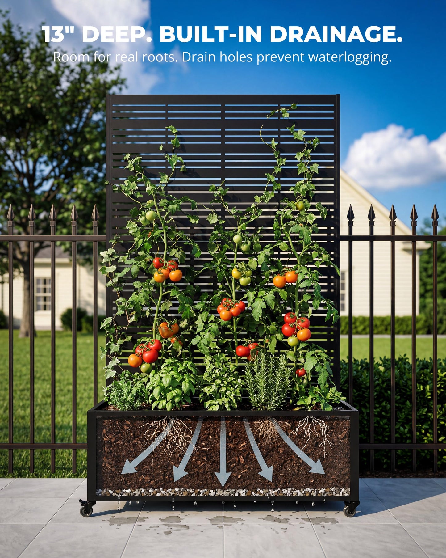 TinFrey Metal Raised Garden Bed with Trellis, 73"×47"×16" Privacy Screen Planter Box on Wheels — 61 lbs Won't Blow Over, Rust-Proof Louvered Design for Climbing Plants, Patio, Deck, Balcony - Black