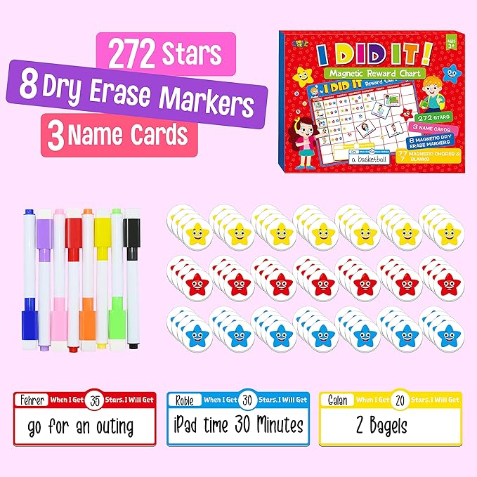 Magnetic Reward Chart, Dry Erase Kids Behavior Responsibility Task Board-84 Chores (Including 7 Blanks), 272 Magnetic Stars, 8 Markers & 3 Name Cards-Good Behavior Daily Routine to Motivate Kids