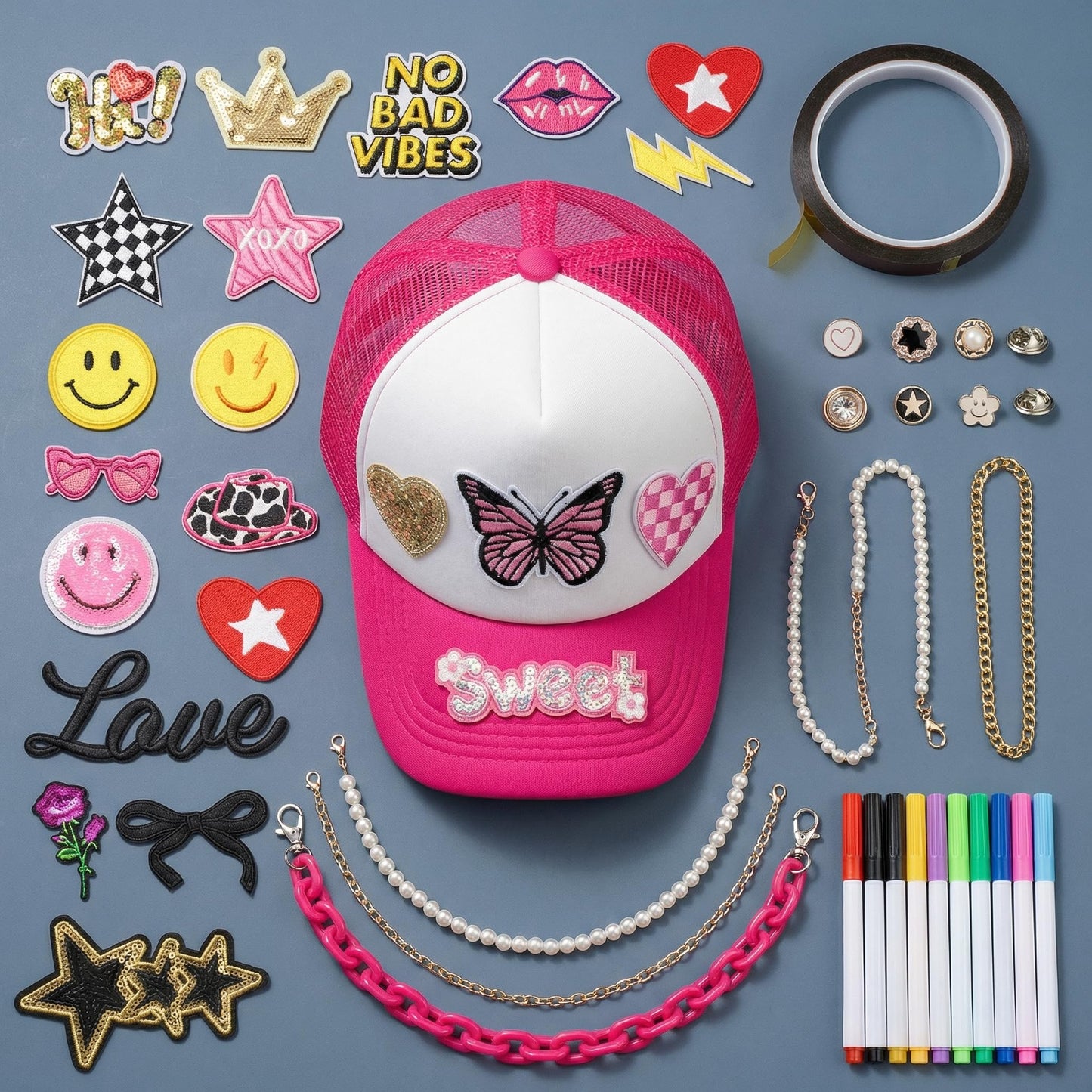 HEYTRCO 46PCS DIY Trucker Hat Kit, 3 Mesh Foam Hats with Iron-On Embroiederd & Sequin Patches, Hat Pins, Hat Chains, 8-Color Markers & Heat-Resistant Tape – Creative Girls Party Craft Set