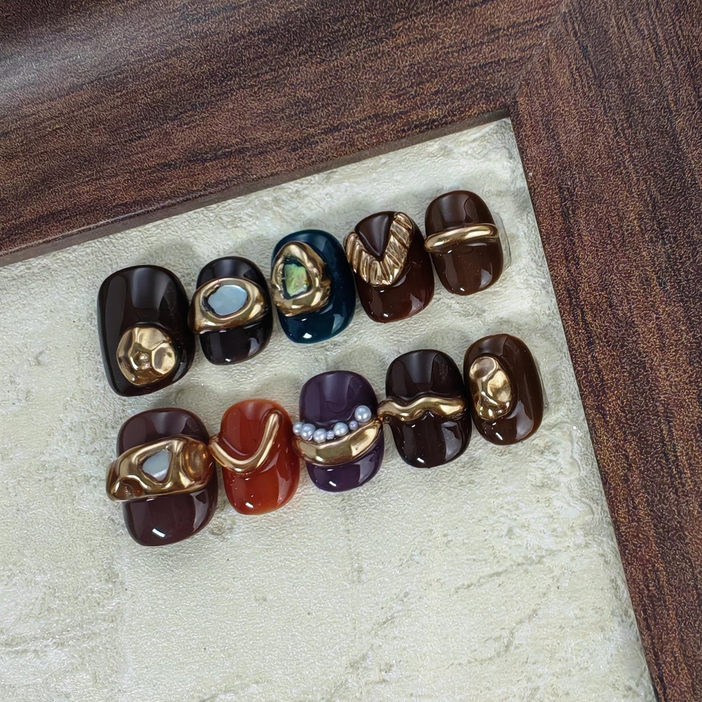Extra Short Press on Nails Squoval False Nails Handmade with 3D Designs/Charms, Cute Reusable Fake Stick on Tips (Golden Brown#Small)