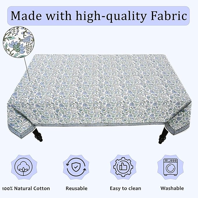 Ridhi Hand Block Print Columbia Blue Rectangle Cotton Tablecloth 160" x 72" Reusable Table Cover Decorative Everyday Use for Dining, Farmhouse, Home Gift for Spring, Easter, Valentine