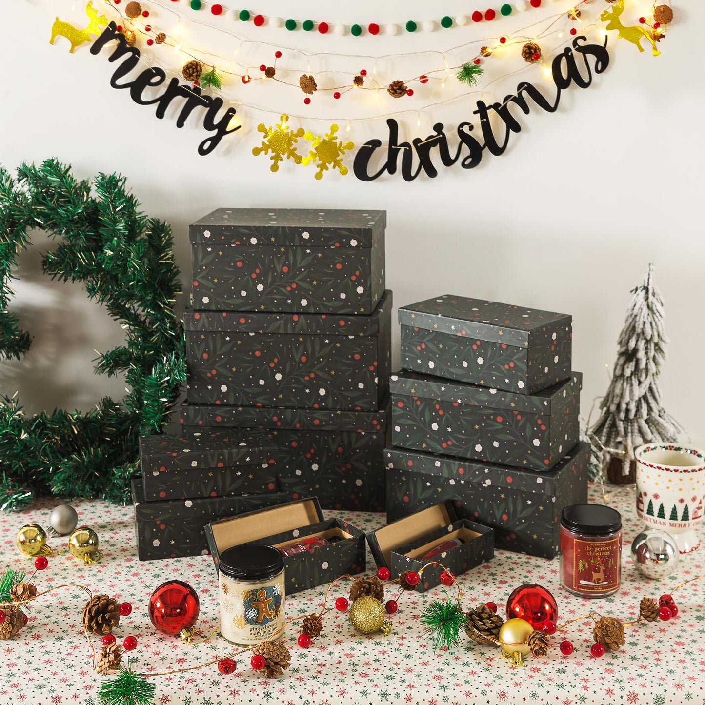 Soul & Lane Christmas Boxes with Lids - Set of 10, Charming Festive Gift Boxes, Decorative Cardboard Holiday Storage with Enchanting Leafy Botanical Pattern