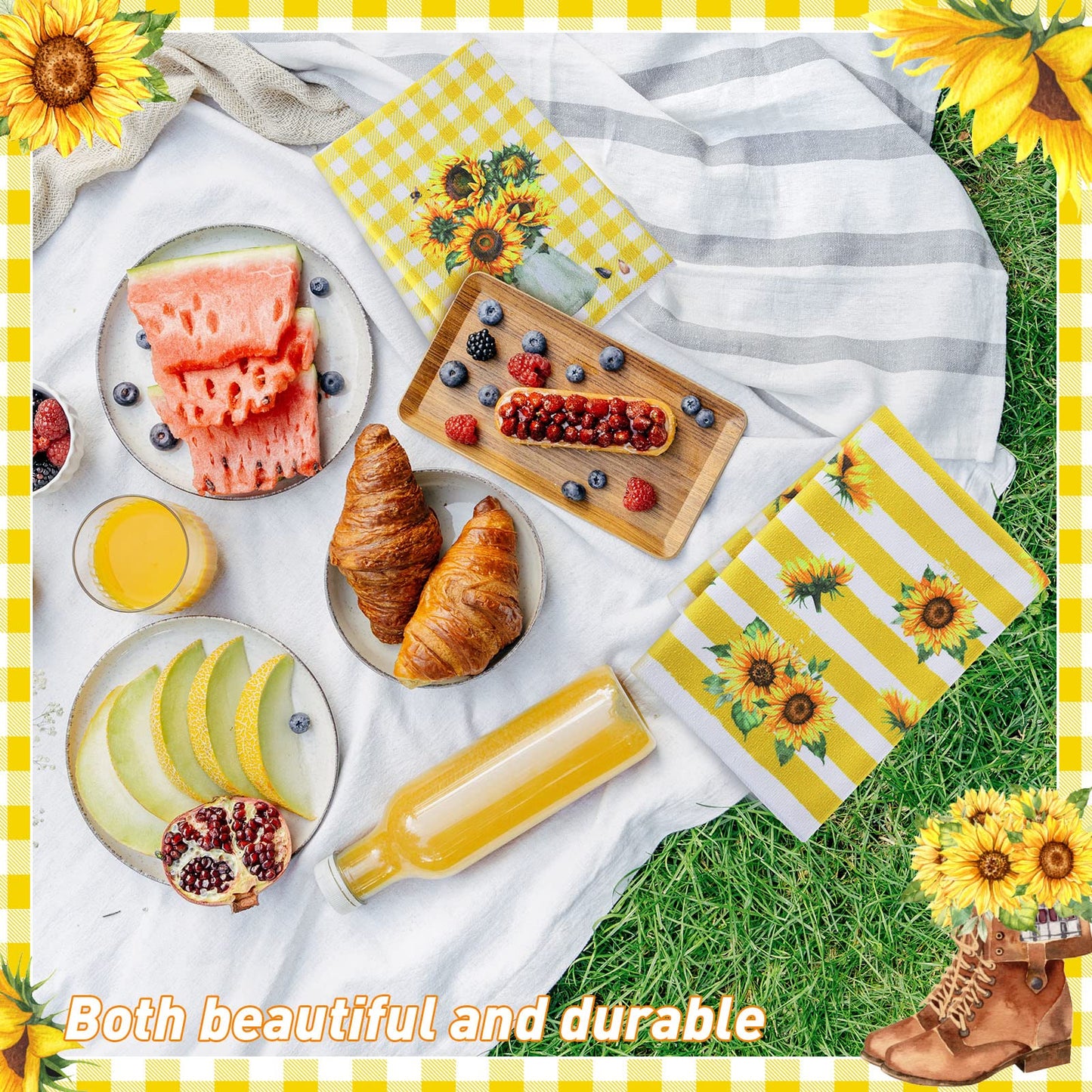 Oudain 6 Pcs Sunflower Kitchen Dish Towels Sunflower Absorbent Tea Towels Reusable Fast Drying Cleaning Dishcloths for Summer Housewarming Gift