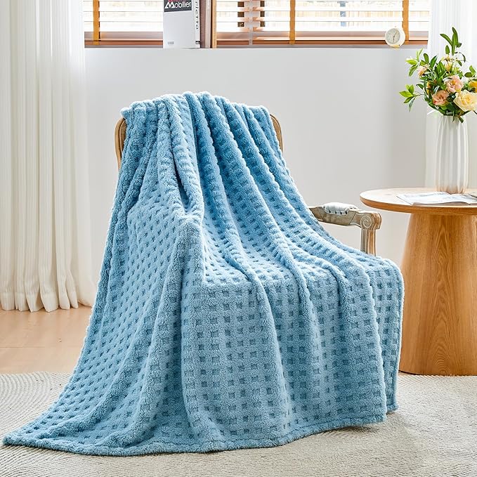 NEWCOSPLAY Super Soft Queen Blanket Blue Premium Silky Flannel Fleece 3D Waffle Checkered Lightweight Bed Blanket All Season Use (Blue, Queen(90"x90"))