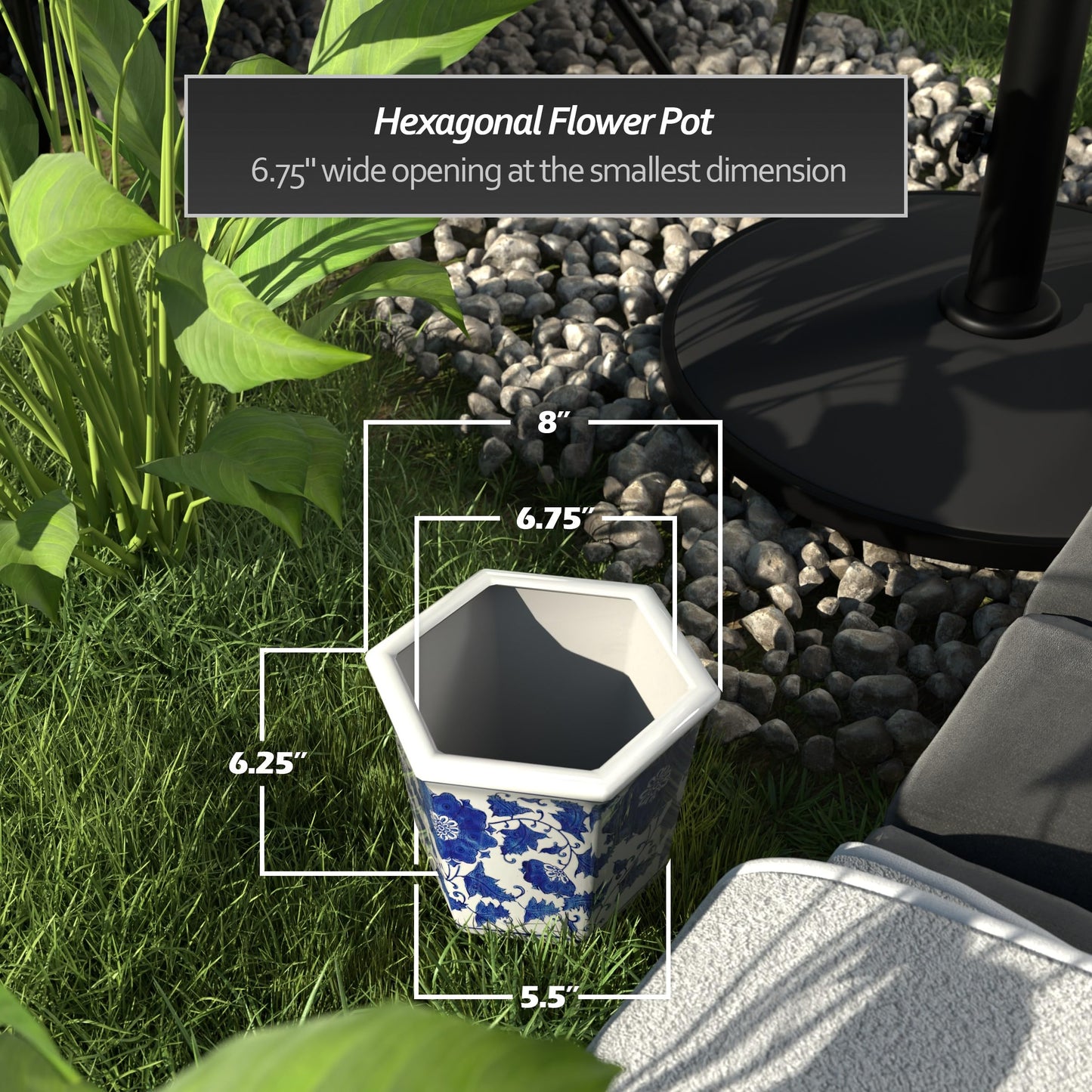 Red Lantern 8" Hexagonal Flower Pot - Blue and White Floral