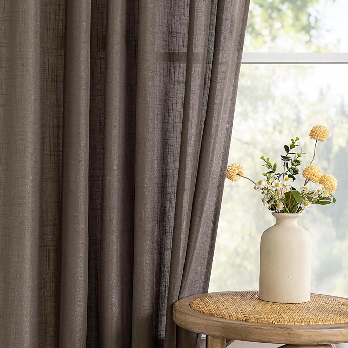 MYSKY HOME Patio Curtains for Sliding Door 90 inch Length 2 Panels Set, Living Room Curtains & Drapes Soft Farmhouse Window Treatments Back Tab Semi Sheer Draperies, 50" W x 90" L, Dark Brown