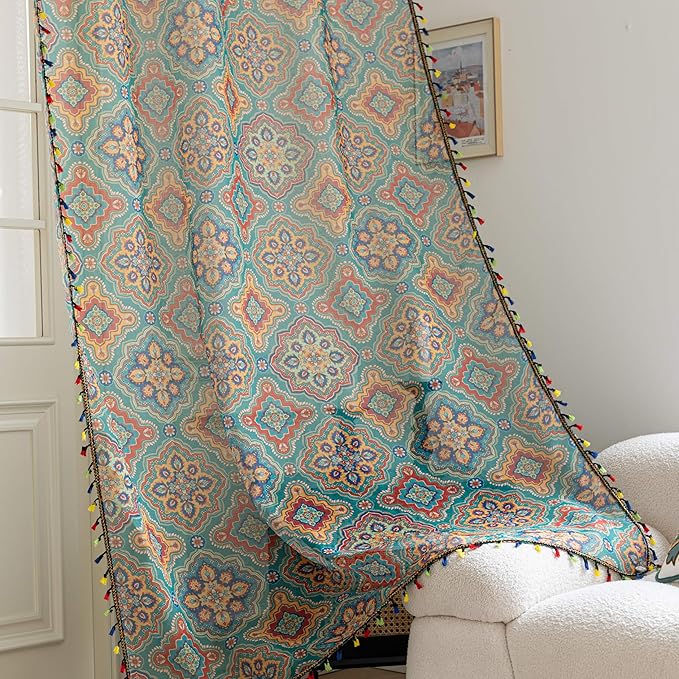 Blue Geometric Sheer Curtains 84 inch Long, Fringed Edges and Textured Semi Sheer Curtains Large Window Treatments for Living Room/Bedroom, 2 Panels