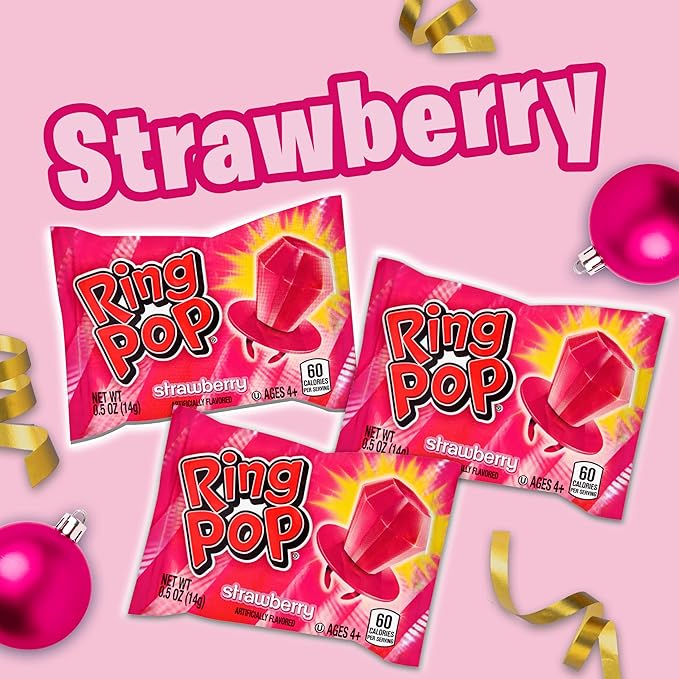 Ring Pop Pink Christmas Candy Lollipops, 30 Ct Bulk Strawberry Lollipops Individually Wrapped, Suckers for Kids, Fun Candy for Gender Reveals, Holiday Parties, Stocking Stuffers, Gifts, Party Favors