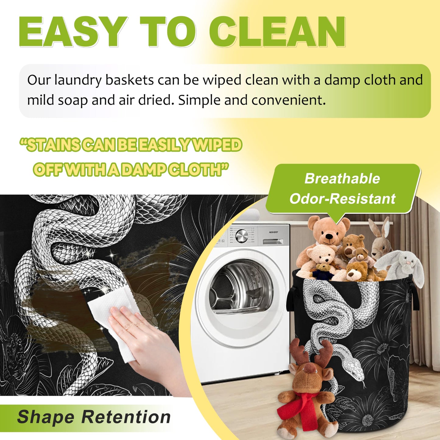 Snake Laundry Basket Floral Prints Funny Foldable Waterproof Oxford Cloth Tote Bag Laundry Hamper Round Large Clothes Storage Bucket Toy Organizer For Bathroom/Laundry Storage/Bedroom 18.9x16.5 Inch