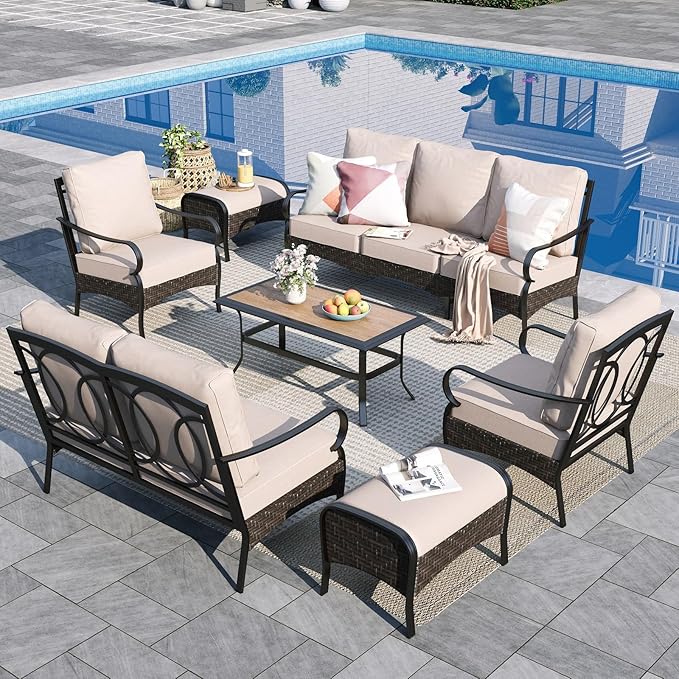 Sophia & William Patio Furniture Set, Outdoor Metal Conversation Set 9 Seats with 3-Seater Sofa, 2 Fix Chairs, 1 Loveseat, 2 Ottoman, 1 Coffee Table for Seating, Lawn Porch Backyard,Beige
