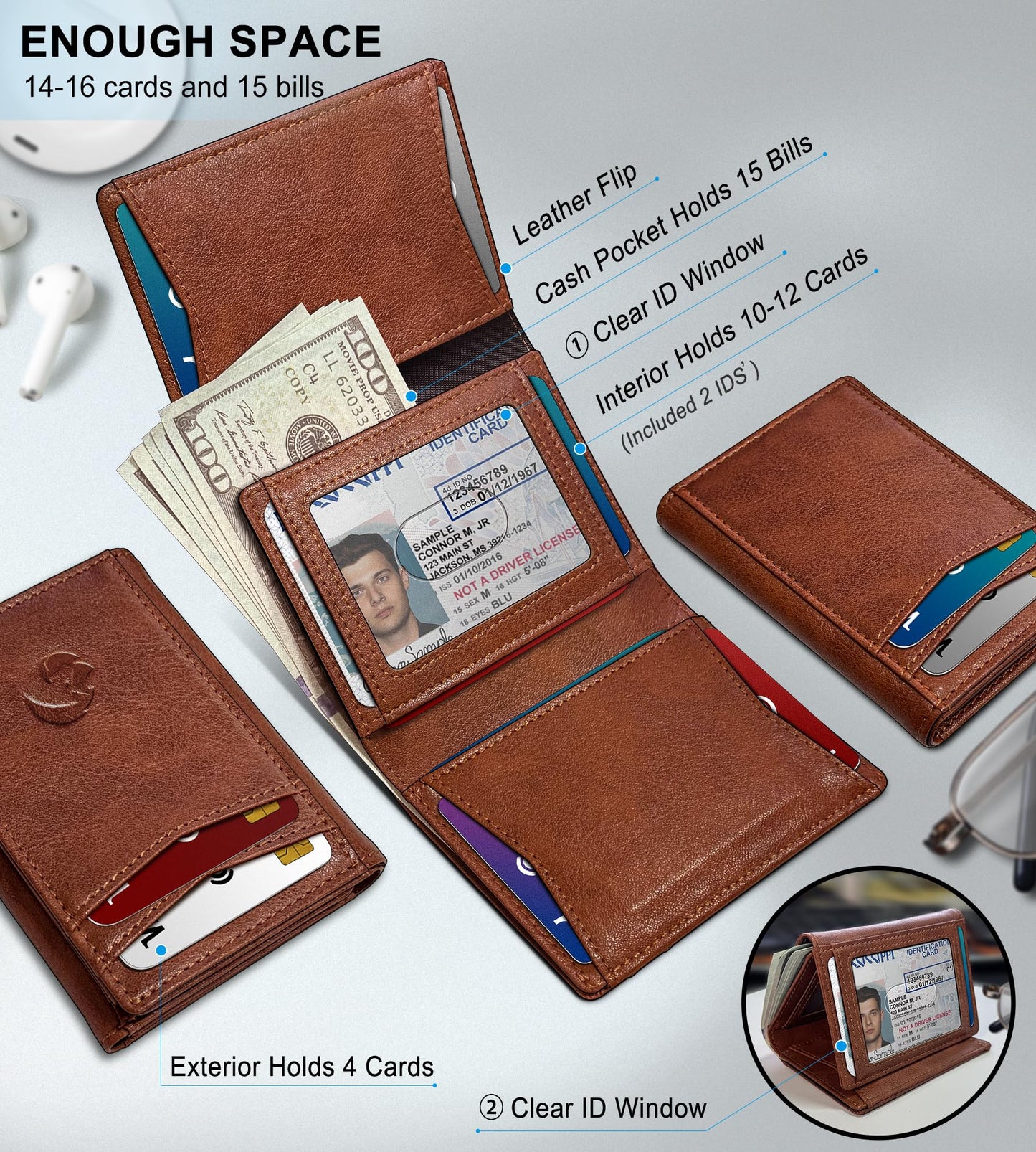 Housmai Trifold Leather Wallet for Men,with Cash Pocket 2 ID Window 14-16 Cards Magnetic Closure Slim Wallet 4.0"*3.1", RFID Blocking Front Pocket Wallet with Gift Box