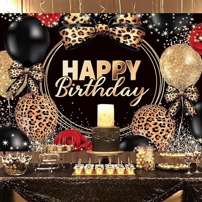 Homewelle Leopard Print Bow Happy Birthday Backdrop 7Wx5H Feet Polyester Fabric Black Gold Red Rose Cheetah Print Bownot Decoration Cool Balloon for Women Girl Photography Background Photo Shoot Props