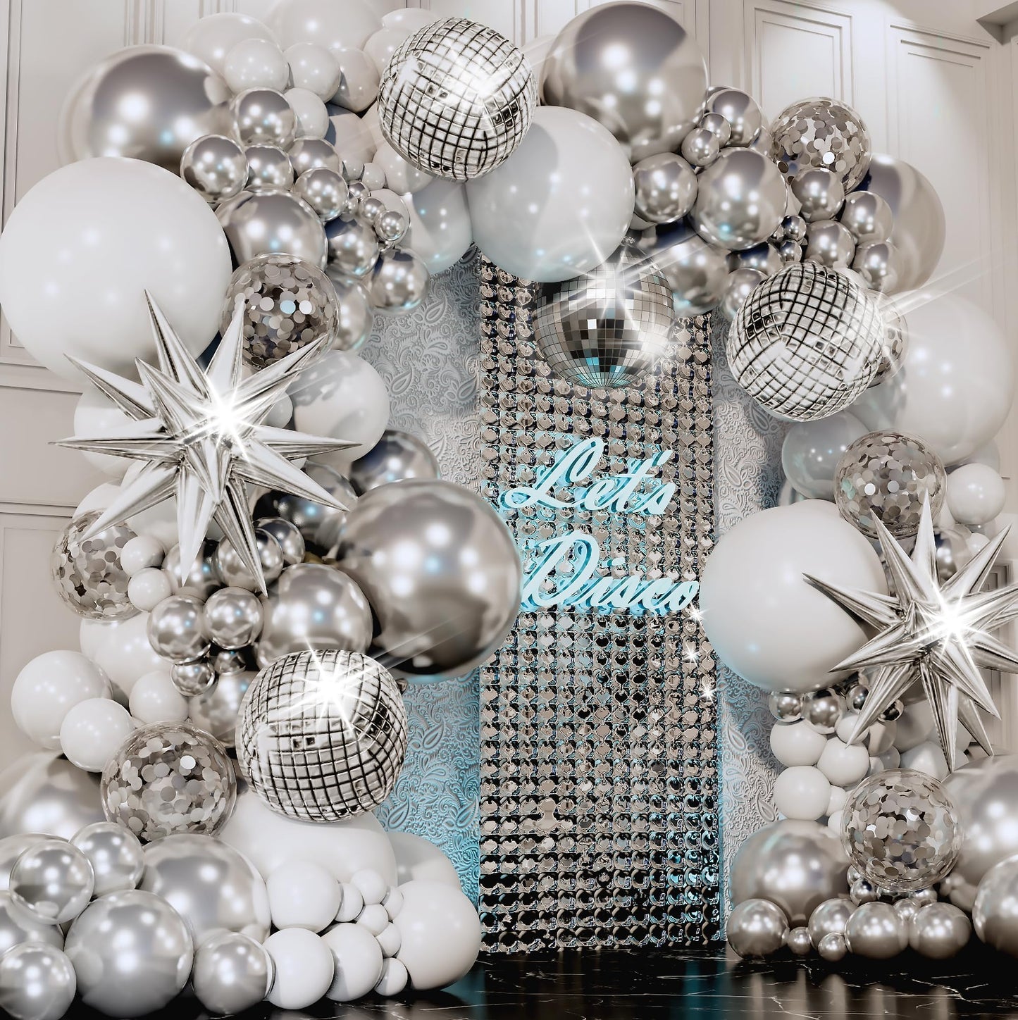 ALL-IN-1 Disco Balloon Arch Kit with BONUS Disco Ball Balloon for Party Decorations - Silver & White Balloons Garland for Disco Ball Party Decoration & Silver Party Decorations -Disco Balloons