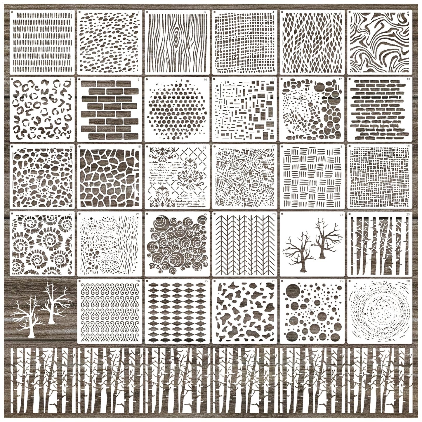 30pcs Texture Stencils for Crafts Reusable Mixed Media Geometric Brick Cubist Leopard Wood Grain Stencil Layering Stencils for Painting on Wood Wall DIY Background Furniture Card Canvas(texture30)
