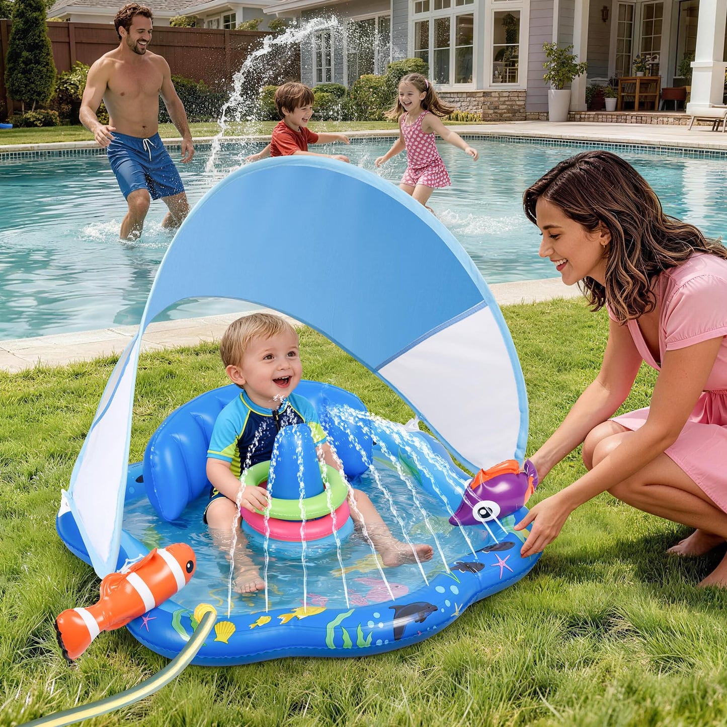 Baby Pool Float with Sprinkler, Inflatable Baby Splash Pad with Stackable Rings Game, Baby Splash Mat with Canopy & Backrest for Toddlers Garden, Beach, Backyard and Bathroom (Blue)